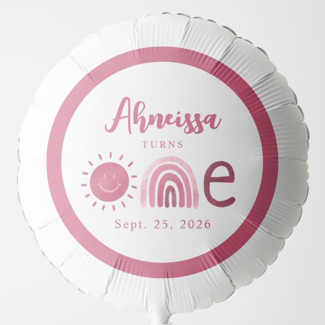 Modern Boho Pink Rainbow Sunshine First Birthday Balloon (Front)