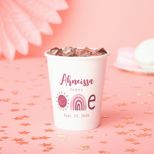 Modern Boho Pink Rainbow Sunshine First Birthday Paper Cups (Insitu)