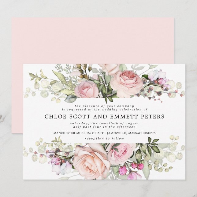 Modern Boho Pink Rose Floral Wedding Invitation (Front/Back)