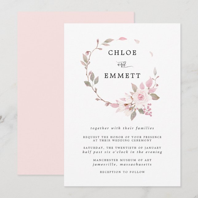 Modern Boho Pink Rose Wreath Wedding Invitation (Front/Back)