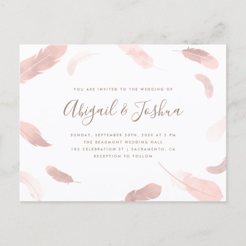 Modern Boho Pink Watercolor Feathers Wedding Invitation Postcard