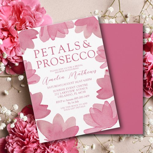 Modern Boho Pink Watercolor Petals  Prosecco  Invitation