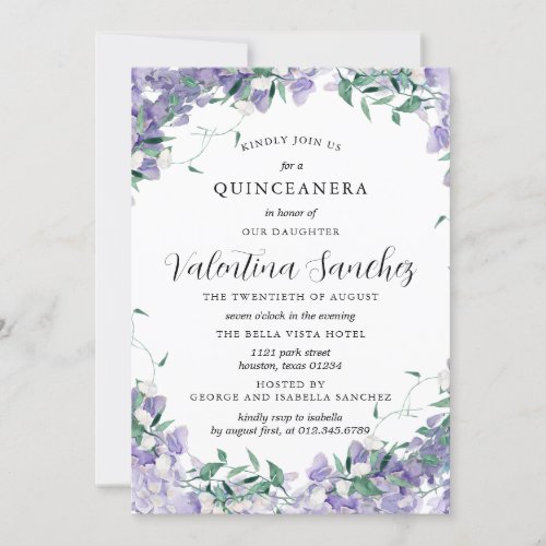 Modern Boho Purple Elegant Floral Quinceanera Invitation