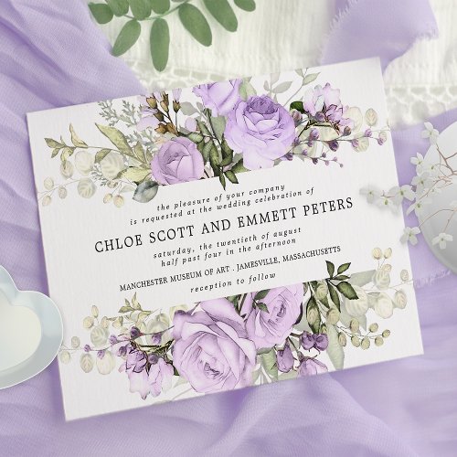 Modern Boho Purple Rose Floral Wedding Invitation