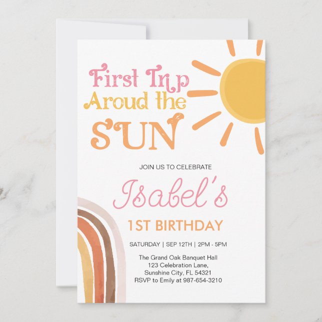 Modern Boho Rainbow First birthday,pink 1st Birth Invitation (Front)