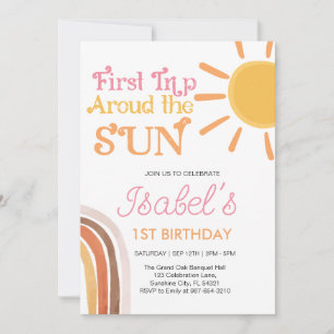 Modern Boho Rainbow First birthday,pink 1st Birth Invitation