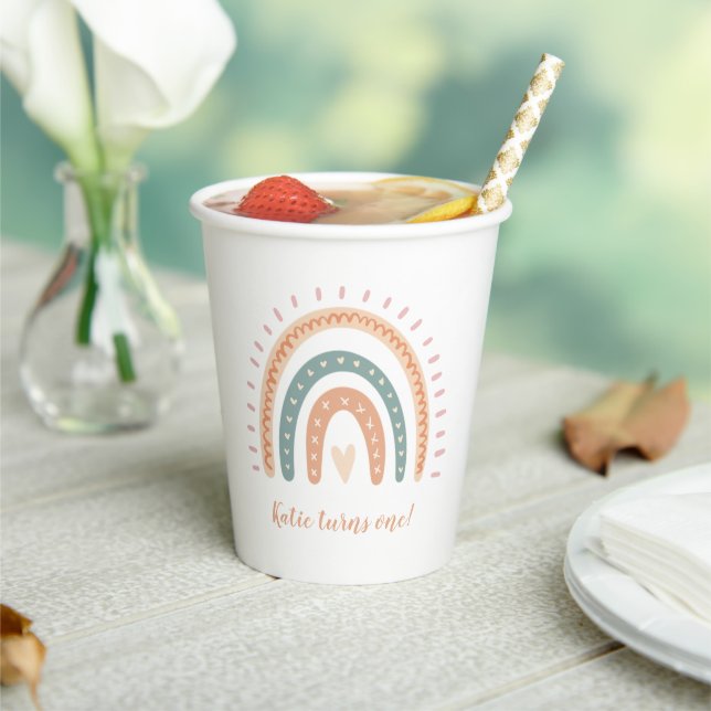 Modern Boho Rainbow Pastel First Birthday Paper Cups (Insitu)