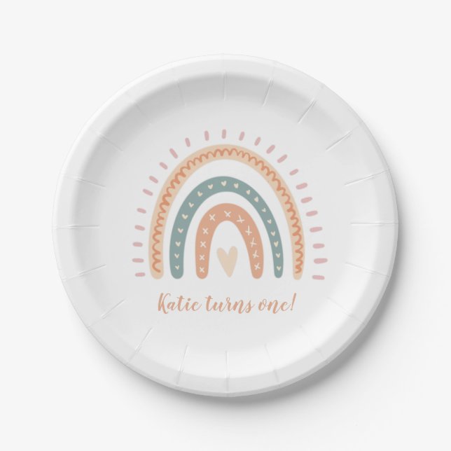 Modern Boho Rainbow Pastel First Birthday Paper Plates (Front)