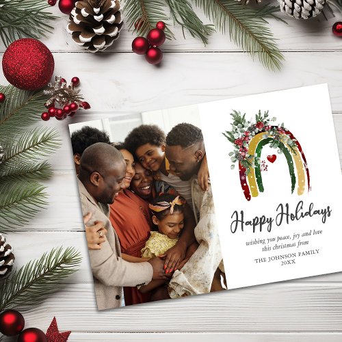 Modern Boho Rainbow Photo Christmas Holiday Card