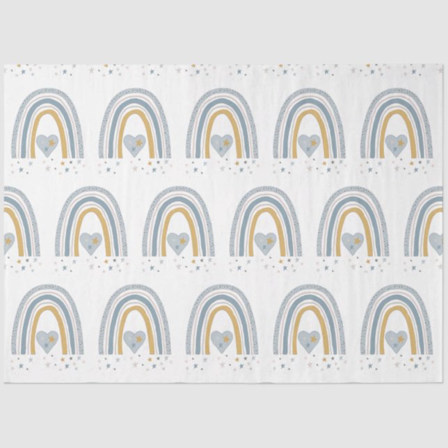 Modern BOHO Rainbow Stars Dusty Blue Mustard Boy Tissue Paper (Front)