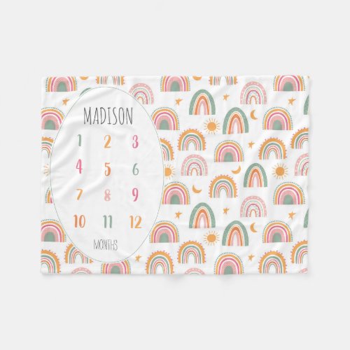 Modern Boho Rainbow Stars Moon Sun Baby Milestone Fleece Blanket