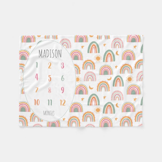 Modern Boho Rainbow Stars Moon Sun Baby Milestone Fleece Blanket (Front (Horizontal))