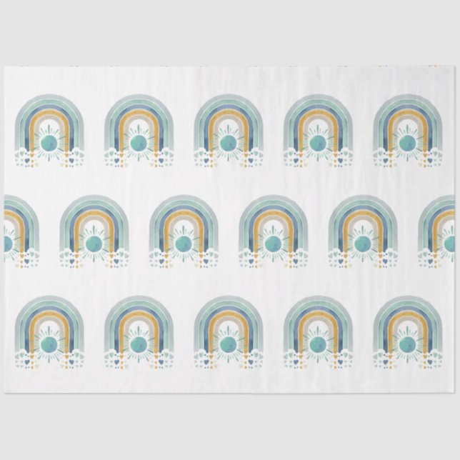 Modern BOHO Rainbow Sun Heart Dusty Blue Mustard Tissue Paper (Front)