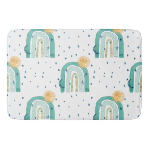 Modern Boho Rainbow Sun Moon Teal Blue Navy Stars Bath Mat