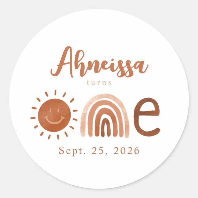 Modern Boho Rainbow Sunshine First Birthday Classic Round Sticker (Front)