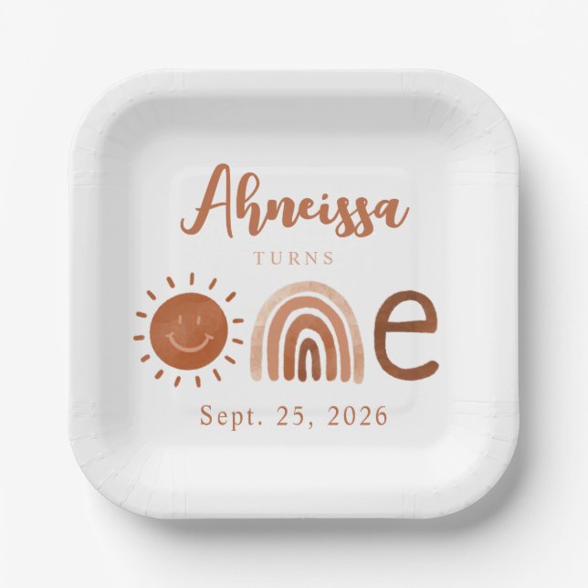 Modern Boho Rainbow Sunshine First Birthday Paper Plates (Front)
