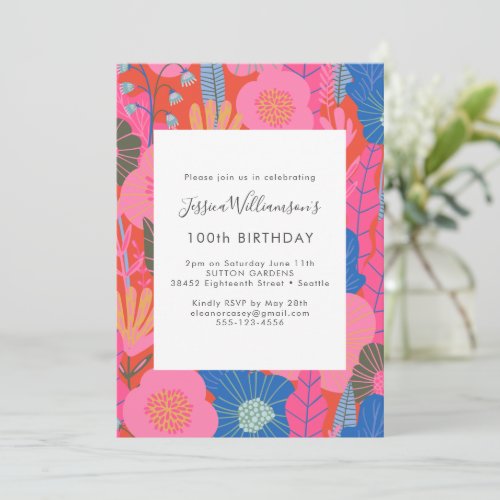 Modern Boho Red Floral 100th Birthday Party Invitation