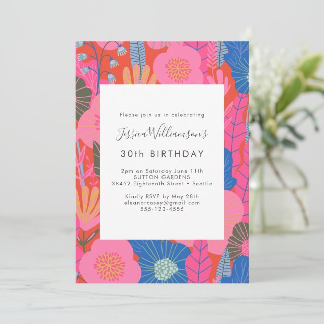 Modern Boho Red Floral 30th Birthday Party Invitation (Standing Front)