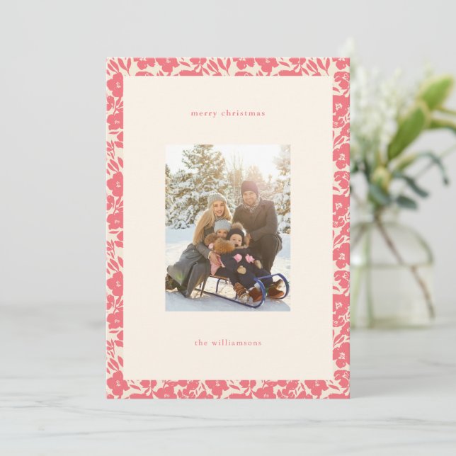 Modern Boho Red Floral Elegant Christmas Photo Holiday Card (Standing Front)