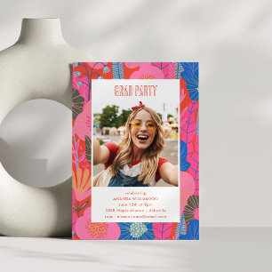 Modern Boho Red Floral Graduation Party Photo Invitation