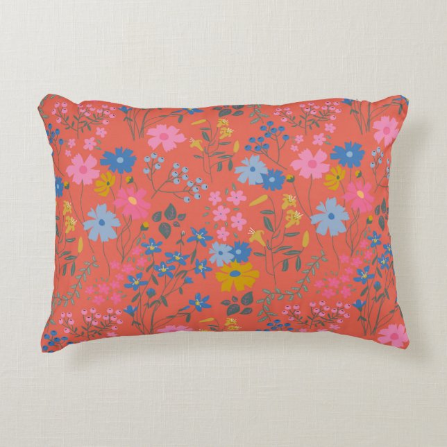 Modern Boho Red Floral Wildflowers Accent Pillow (Front)