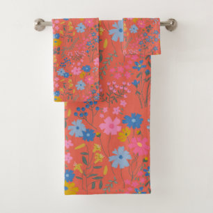 Modern Boho Red Floral Wildflowers Bath Towel Set