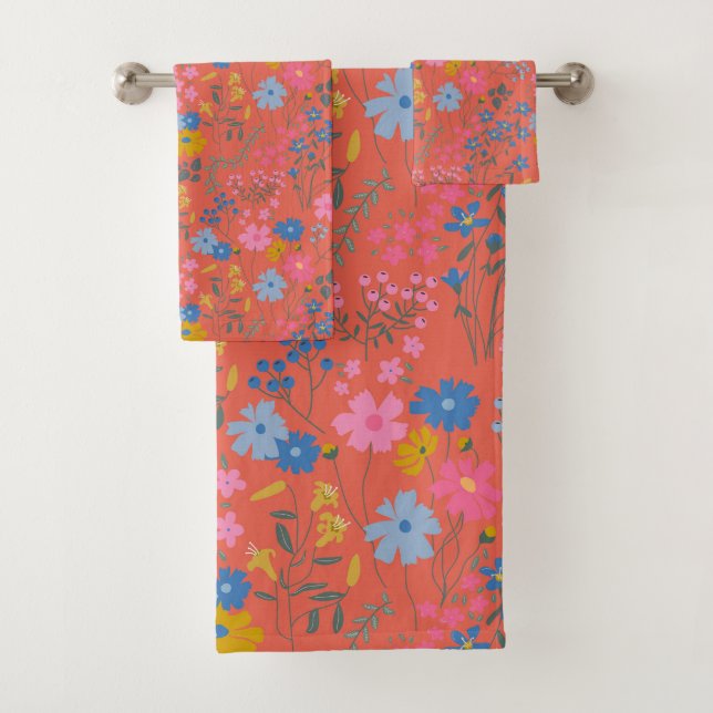 Modern Boho Red Floral Wildflowers Bath Towel Set (Insitu)