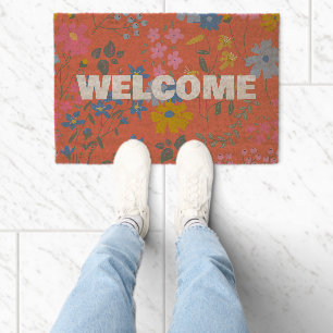 Modern Boho Red Floral Wildflowers Fiber Doormat