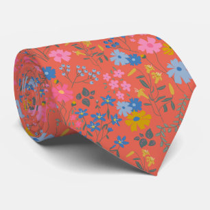 Modern Boho Red Floral Wildflowers Neck Tie