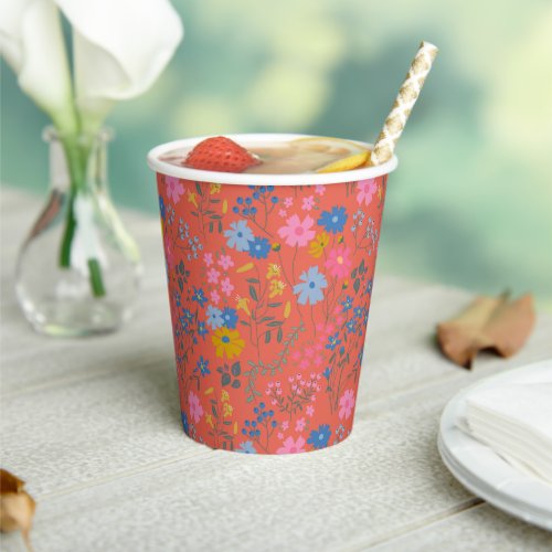 Modern Boho Red Floral Wildflowers Paper Cups