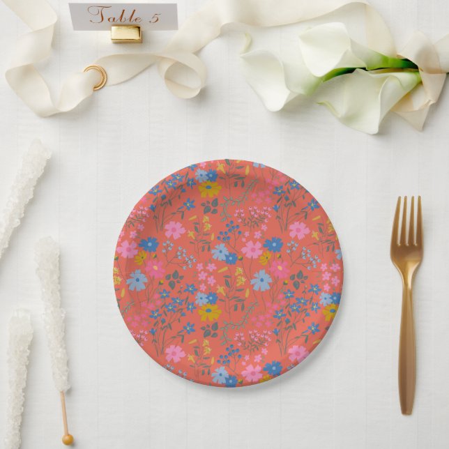 Modern Boho Red Floral Wildflowers Paper Plates (Wedding)