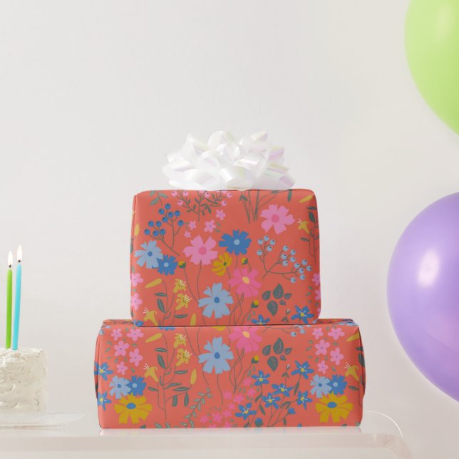 Modern Boho Red Floral Wildflowers Wrapping Paper (Party Gifts)