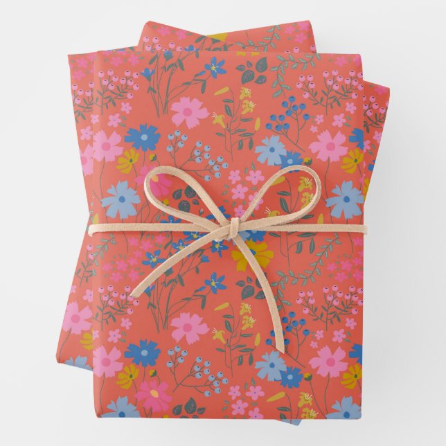 Modern Boho Red Floral Wildflowers Wrapping Paper Sheets (In situ)