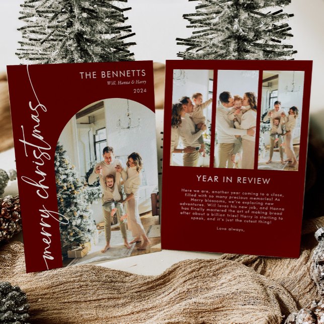 Modern Boho Red Year In Review Christmas Photo Holiday Card (Creator Uploaded)