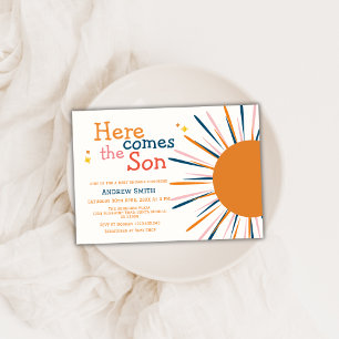 Modern Boho Retro Here Comes The Son Baby Shower Invitation