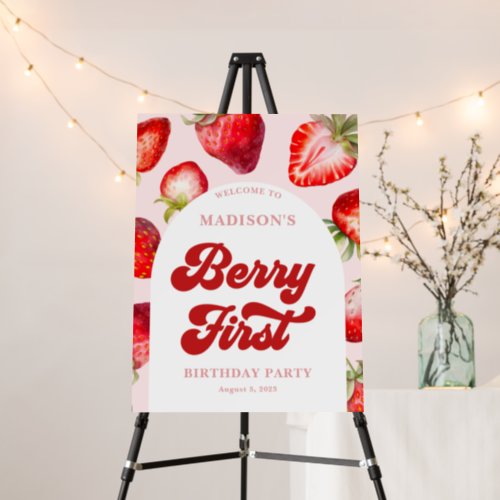 Modern Boho Retro Strawberry Berry 1st Birthday  Foam Board