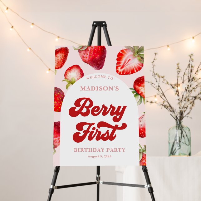 Modern Boho Retro Strawberry Berry 1st Birthday  Foam Board (In Situ (Stand))