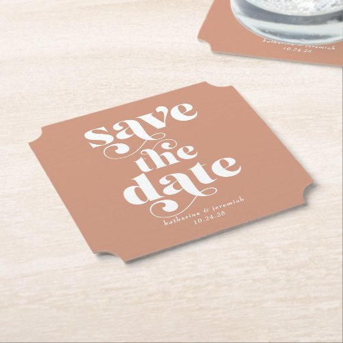 Modern Boho Retro Typography Wedding Save the Date Paper Coaster