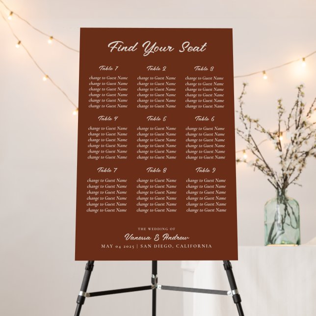 Modern Boho Rust Brown Wedding Seating Chart Foam Board (In Situ (Stand))