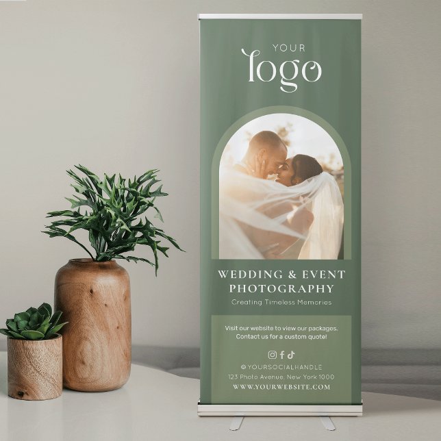 Modern Boho Sage Green Business Logo Photographer Retractable Banner (Trendy sage green business marketing pull up banner with custom photo and your logo)