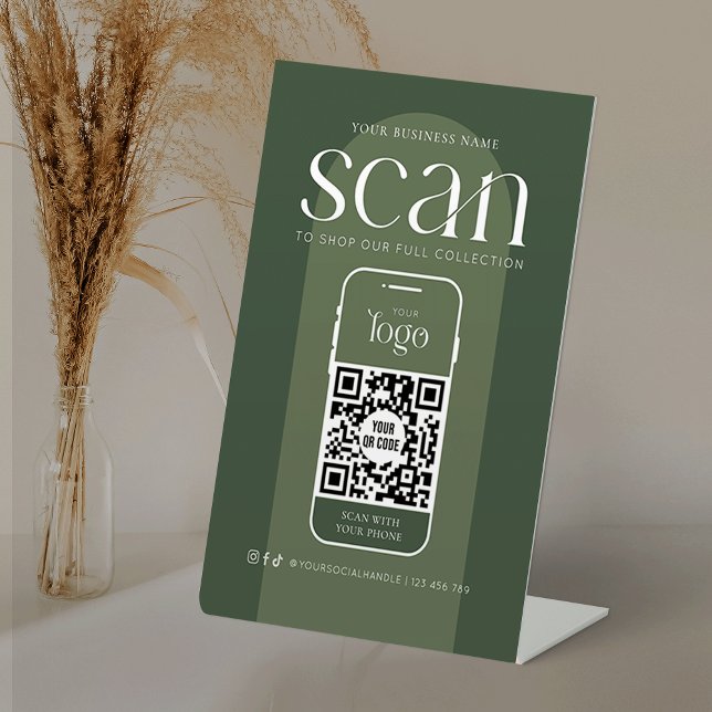 Modern Boho Sage Green Business Scannable QR Code Pedestal Sign (Scan to pay boho sage green pedestal sign with QR code and your logo)