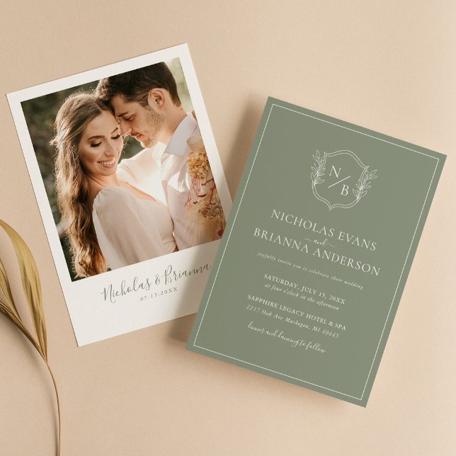 Modern Boho Sage Green Crest Wedding Photo Invitation (Creator Uploaded)