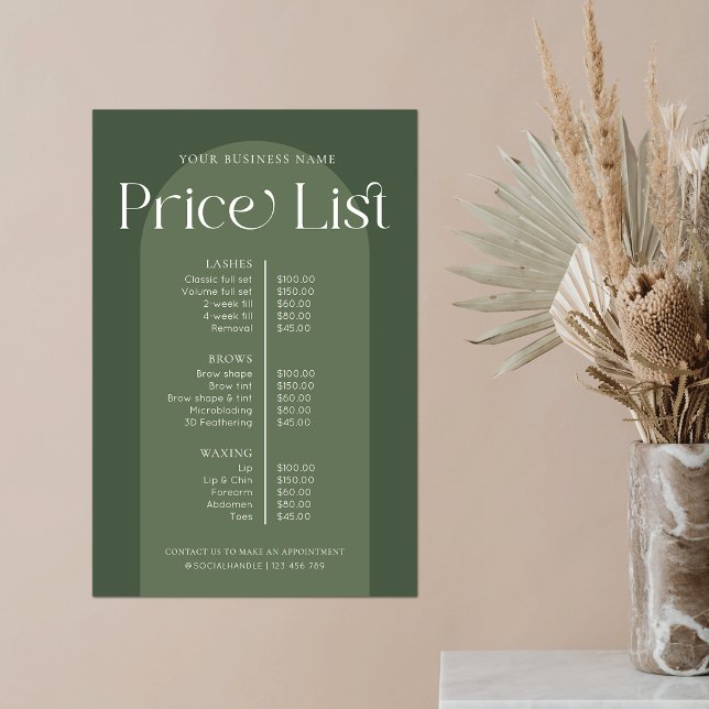Modern Boho Sage Green Hair Nails Salon Price List Poster (Trendy sage green arch business price list poster with modern display fonts)