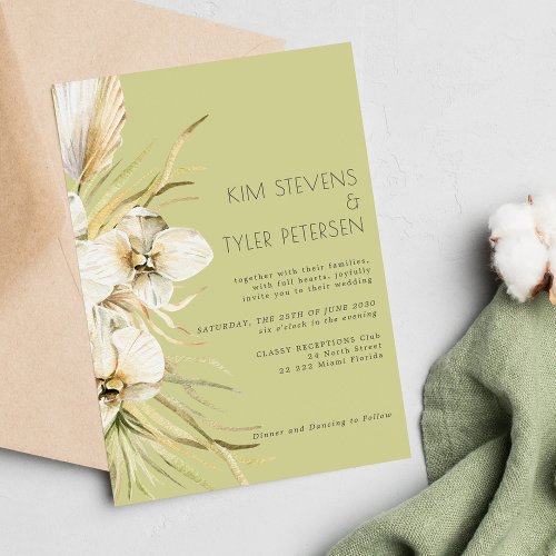 Modern boho sage green pampas grass orchid wedding invitation