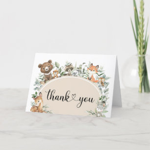 Modern Boho Sage Green Woodland Forest Animals Letterpress Thank You Card