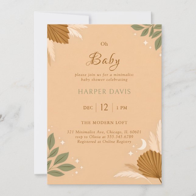 Modern Boho Sage Greenery & Pampas Baby Shower Invitation (Front)
