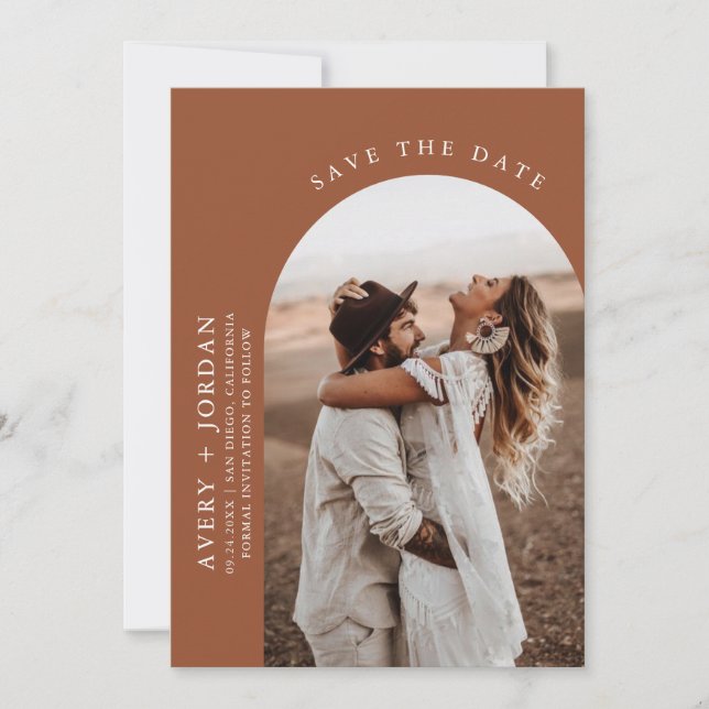 Modern Boho Save the Date | Photo Terracotta Card (Front)