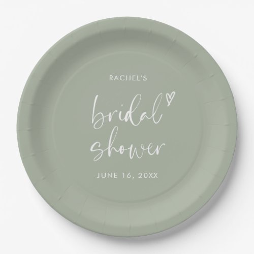 Modern Boho Script Sage Green Bridal Shower  Paper Plates