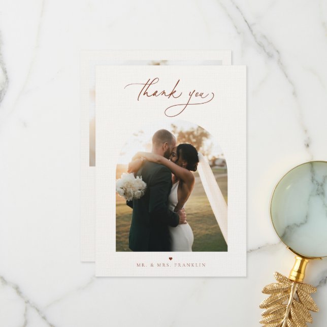 Modern Boho Script Wedding Photo Thank You Card (Front/Back In Situ)