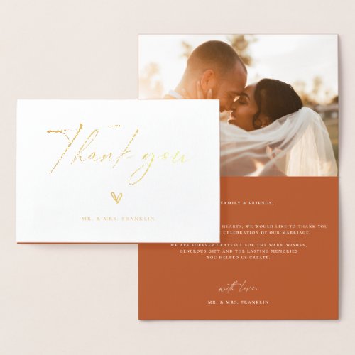 Modern Boho Script Wedding Photo Thank You Foil Card